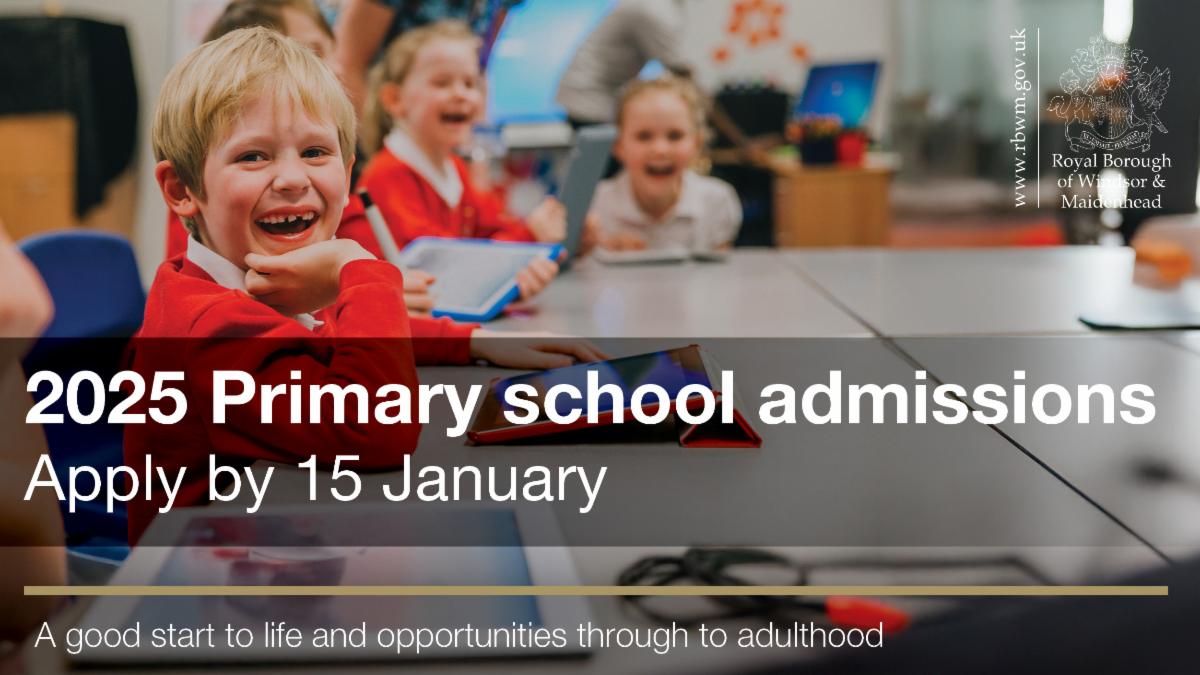 Photo of happy children in classroom. 2025 Primary school admissions. Apply by 15 January. A good start to life and opportunities into adulthood